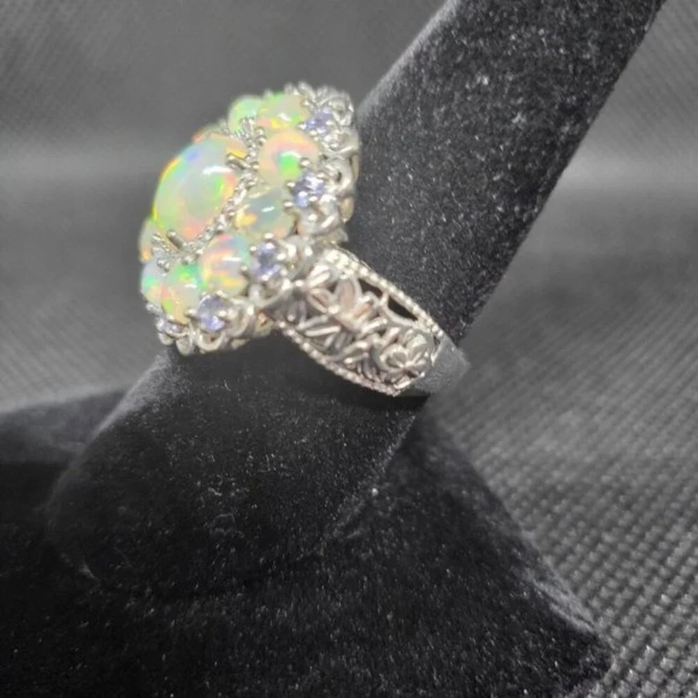 Snow-in-summer Floral Cluster Opal & Tanzanite Sterling Silver Ring